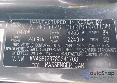 2008 Kia Optima Lx из США, поврежденный, VIN KNAGE123785241708